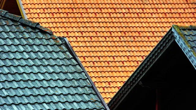 Firstziegel an zwei aneinandergrenzenden Satteldächern, eines mit moosbedecktem Altbestand